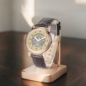 roma whispering fountain womens rose gold with brown leather strap on wooden table