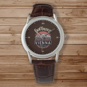 Hofburg in Circles Mens Classic Brown Leather Watch on wooden floor