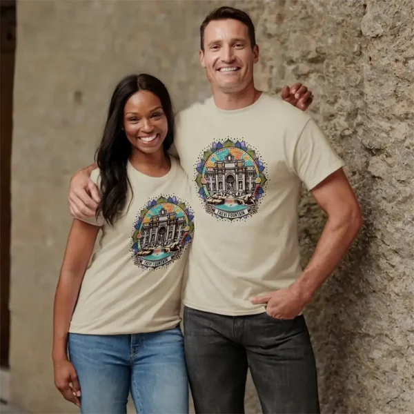 Roma Whispering Fountain Men's Basic T-Shirt on mam and woman