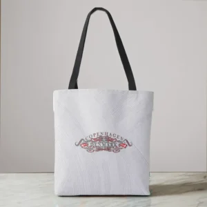Copenhagen Calling Shoulder Tote Bag on marble table