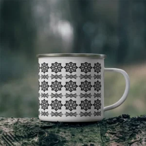 Black Leafy Octagon diagonal ceramic mug on nature