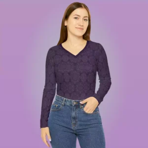 tie in purpura pattern womens long sleeve v-neck