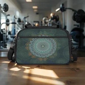 An initiation of mass circle fitness handbag on back side An initiation of mass circle fitness handbag on back side