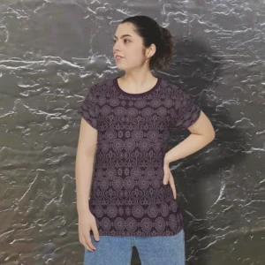 Wine Fibrous Textile Octopus Seeds Womens Short Sleeve