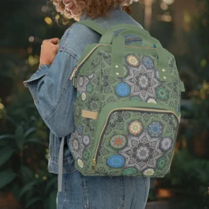 Octo Brightener Arabesque Moorish Stone Green Diaper Backpack on model Octo Brightener Arabesque Moorish Stone Green Diaper Backpack on model