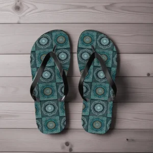 The Persian's gyrate psychedelic eyes's mandala Flip Flops on wooden floor