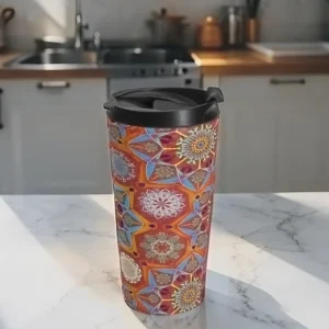 Octo Brightener Arabesque Moorish Red Tumbler 15oz right side on marble